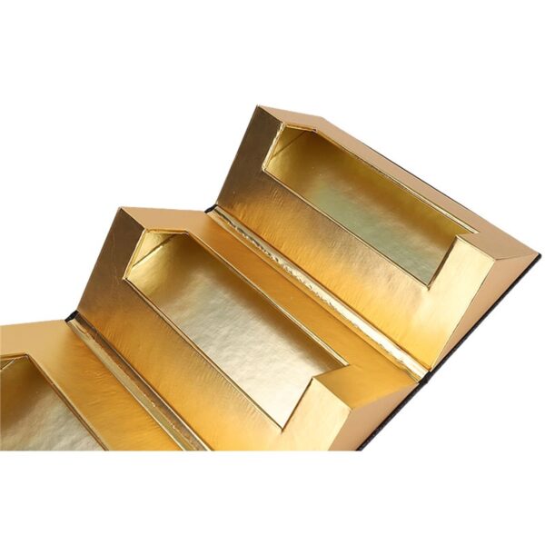 close view of gold foil interior panels in custom perfume gift packaging Holidaypacfactory