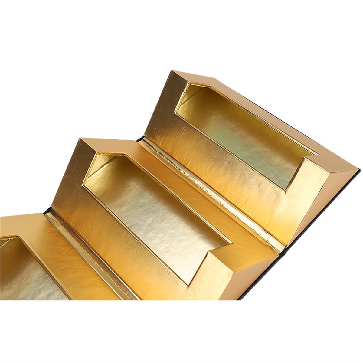 close view of gold foil interior panels in custom perfume gift packaging Holidaypacfactory