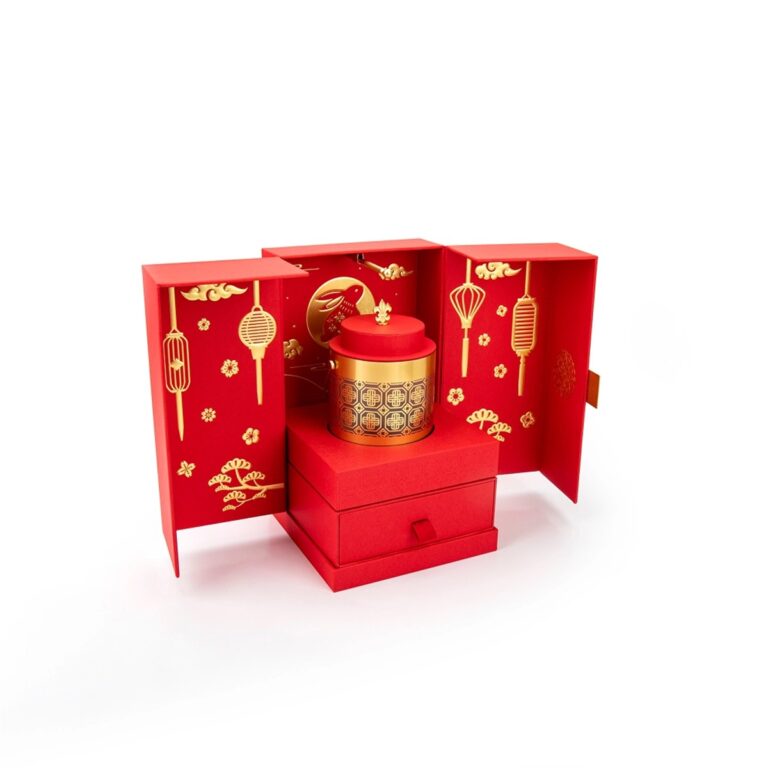 custom red festival gift box packaging with double door display and drawer Holidaypacfactory