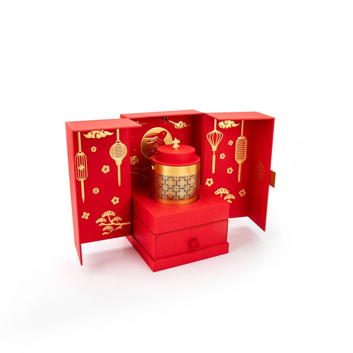 red festival gift box opened with gold lantern and rabbit artwork Holidaypacfactory