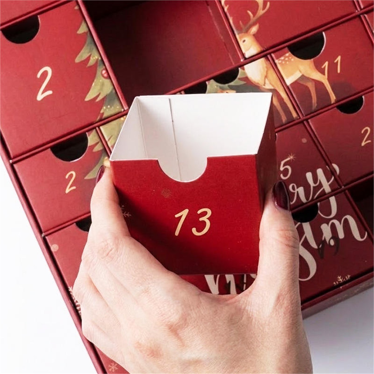 red Christmas advent calendar drawer detail Holidaypacfactory