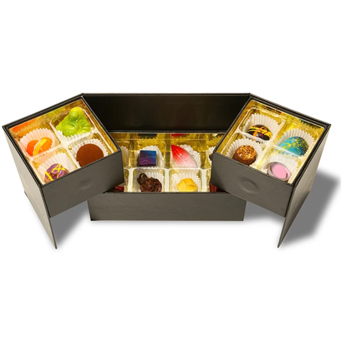 Custom Side-Opening Chocolate Gift Box with Folding Panels and Tray Inserts Holidaypacfactory