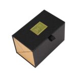 closed black folding perfume packaging box with magnetic flap and gold label Holidaypacfactory