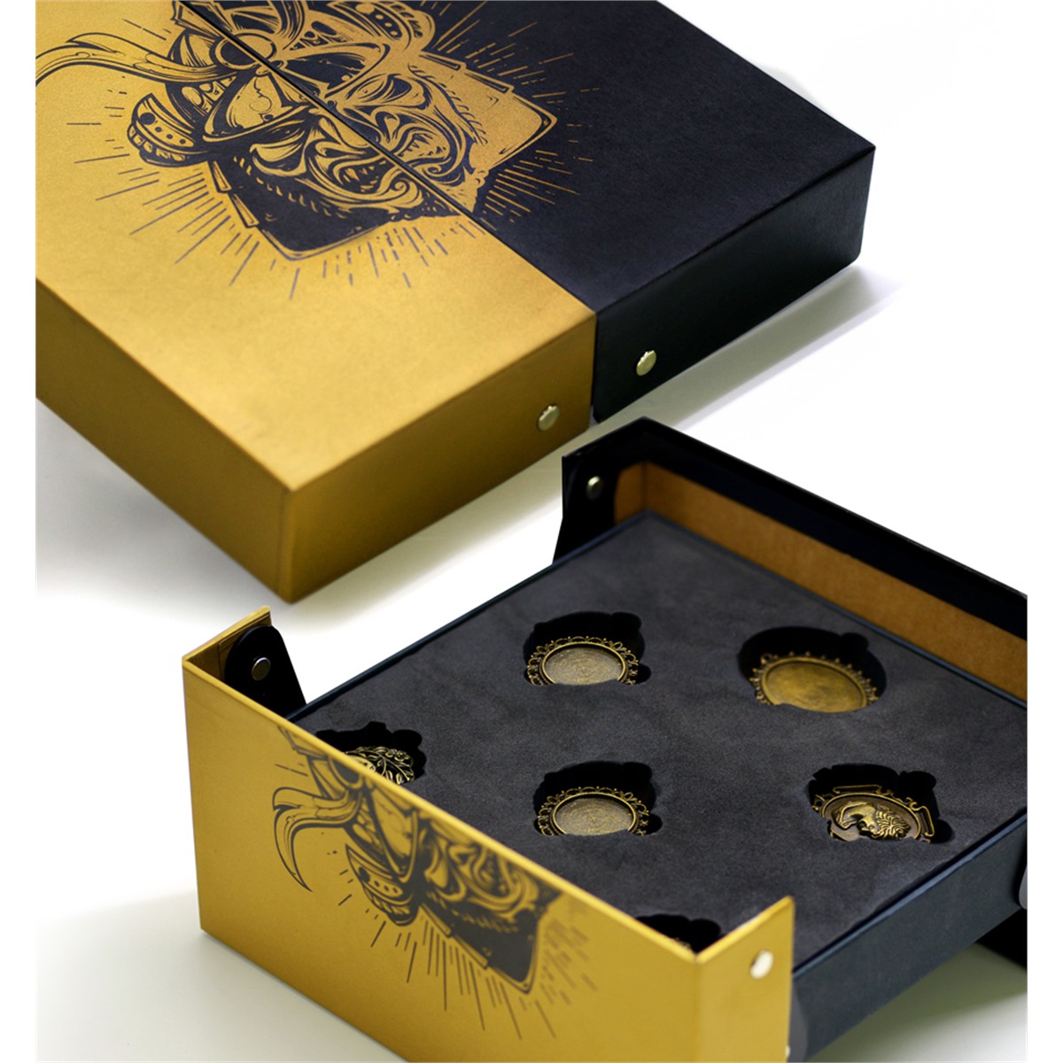 Custom Gold and Black Rigid Chocolate Gift Box with Magnetic Flap Panels and Foam Insert Holidaypacfactory