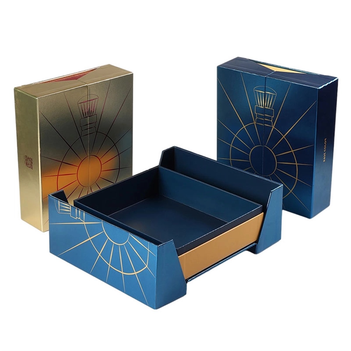 Custom Printed Wine Packaging Folding Box with Blue and Gold Sunburst Details Holidaypacfactory