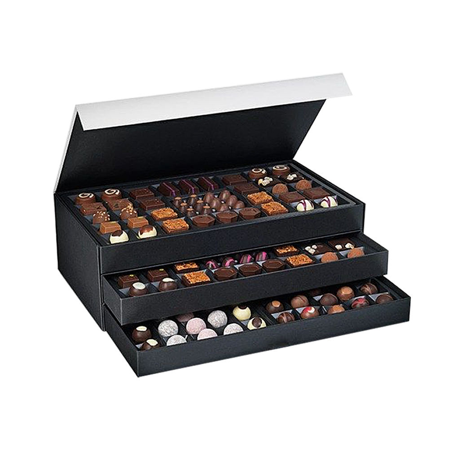 black multi layer chocolate gift box with lid and drawer trays Holidaypacfactory
