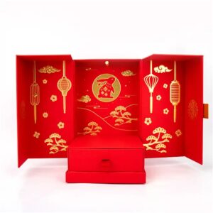 custom red festival gift box packaging with double door display and drawer Holidaypacfactory