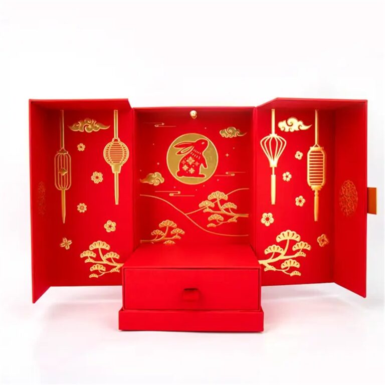 custom red festival gift box packaging with double door display and drawer Holidaypacfactory