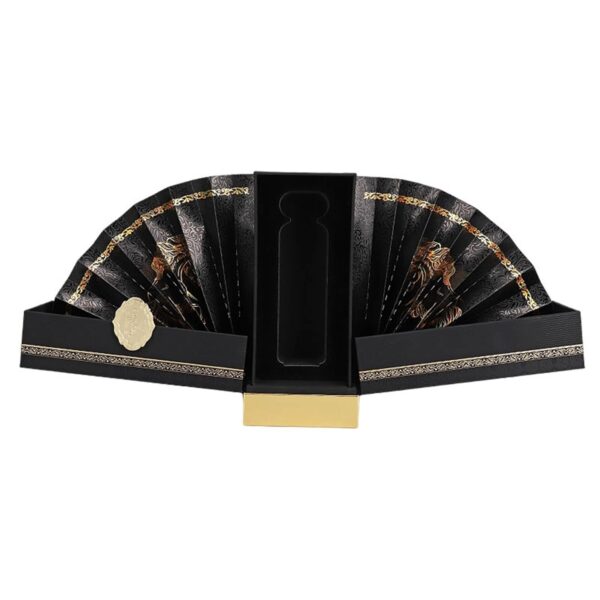 opened black folding perfume paper box with fan-shaped panels Holidaypacfactory