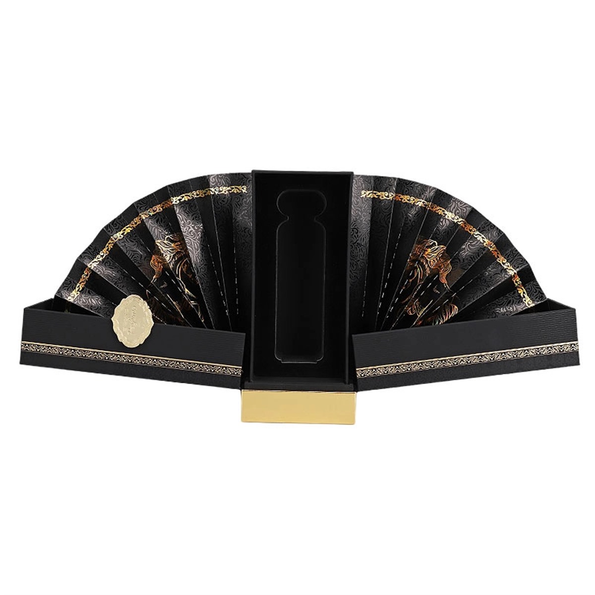 opened black folding perfume paper box with fan-shaped panels Holidaypacfactory