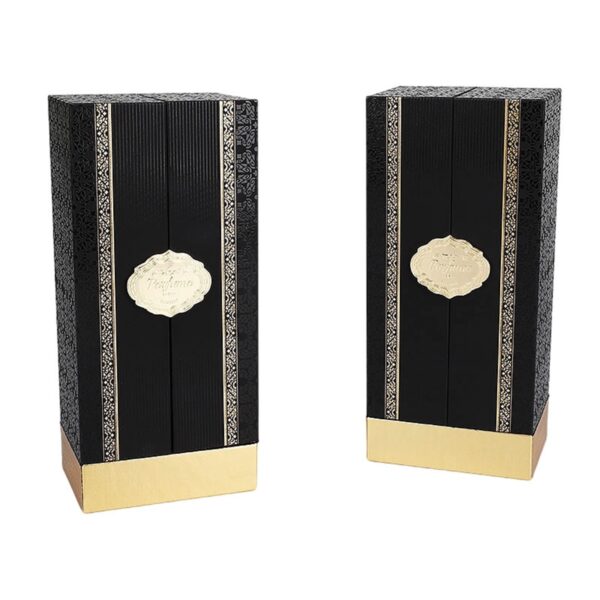 black folding perfume box opened to show structured center cavity Holidaypacfactory