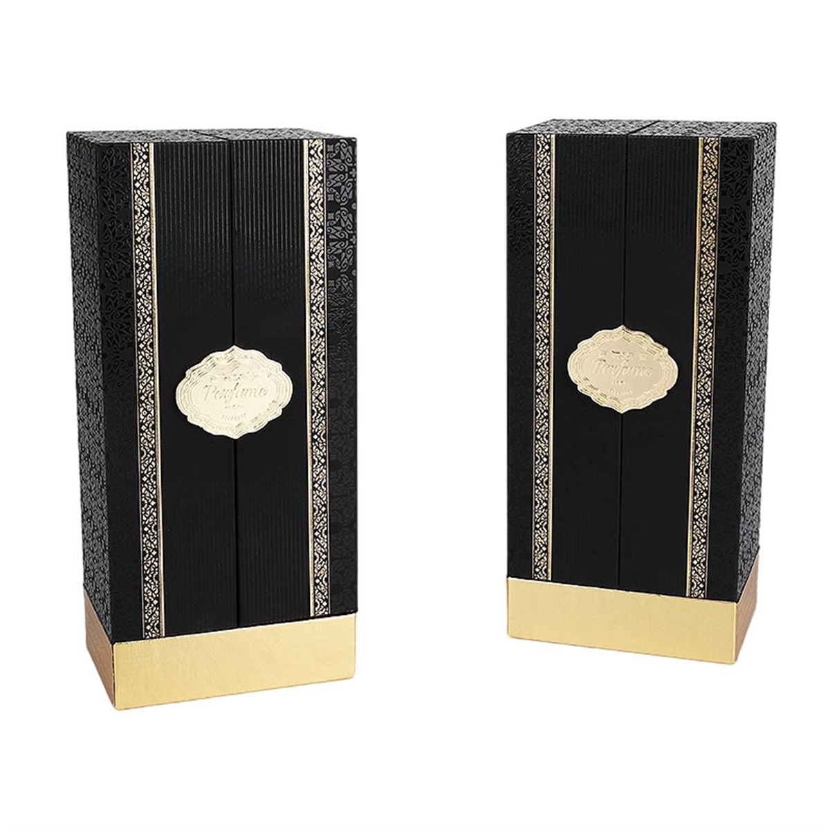 black folding perfume box opened to show structured center cavity Holidaypacfactory