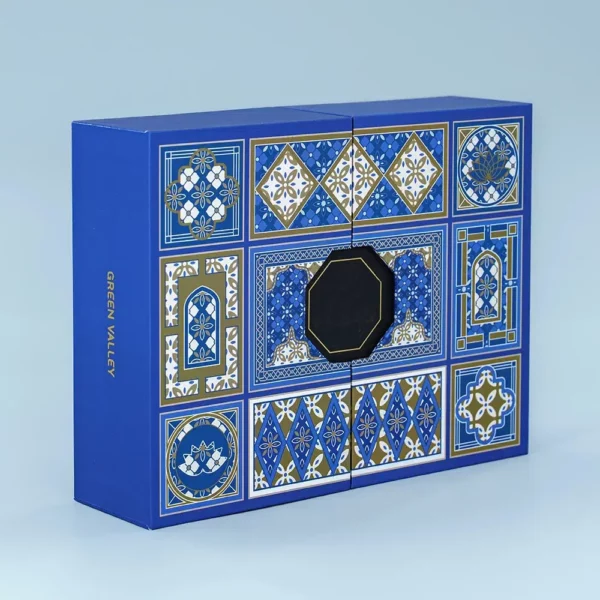 custom navy blue Arabic style chocolate box angled closed view Holidaypacfactory