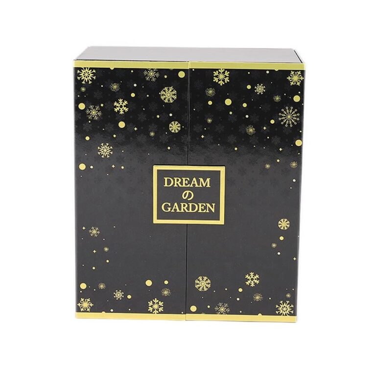 custom black folding perfume paper box with gold snowflake print Holidaypacfactory