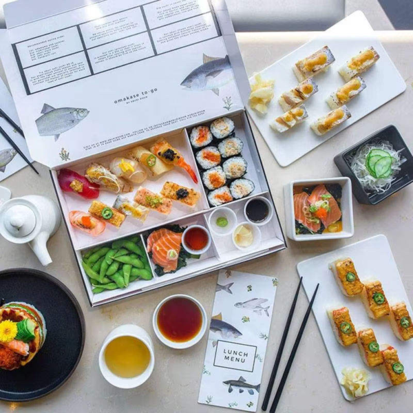 white cardboard omakase sushi box with menu printed lid Holidaypacfactory
