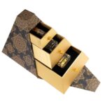 three drawer perfume gift box opened to display fragrance bottles in gold drawers Holidaypacfactory