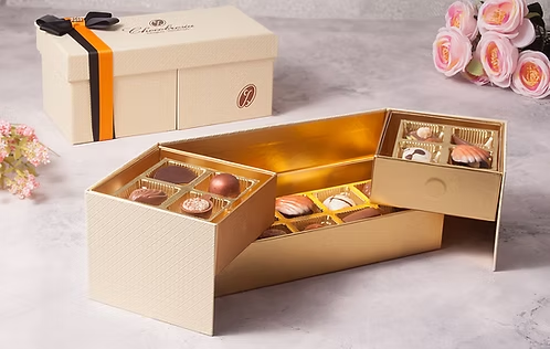 custom jewel chocolate gift box ivory and gold drawer tray packaging Holidaypacfactory