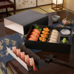 custom black multi-compartment sushi takeaway box with sauce tray Holidaypacfactory