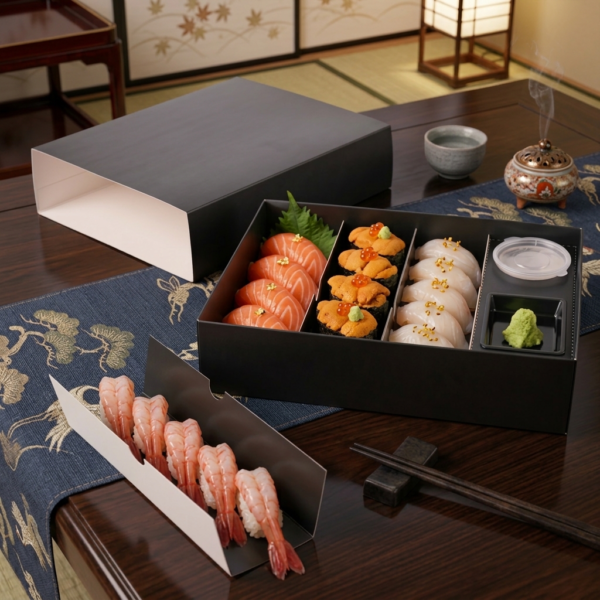 custom black multi-compartment sushi takeaway box with sauce tray Holidaypacfactory