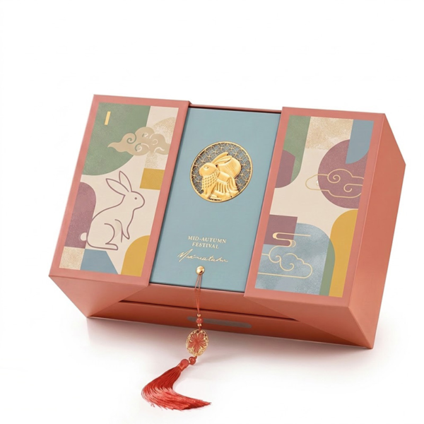 angled Mid Autumn mooncake gift box with tassel and rabbit artwork Holidaypacfactory