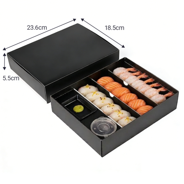 black sushi box dimensions and multi-compartment tray layout Holidaypacfactory