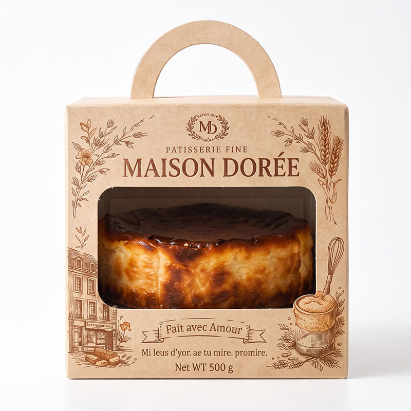 front view kraft cake box with die cut carry handle and display window Holidaypacfactory