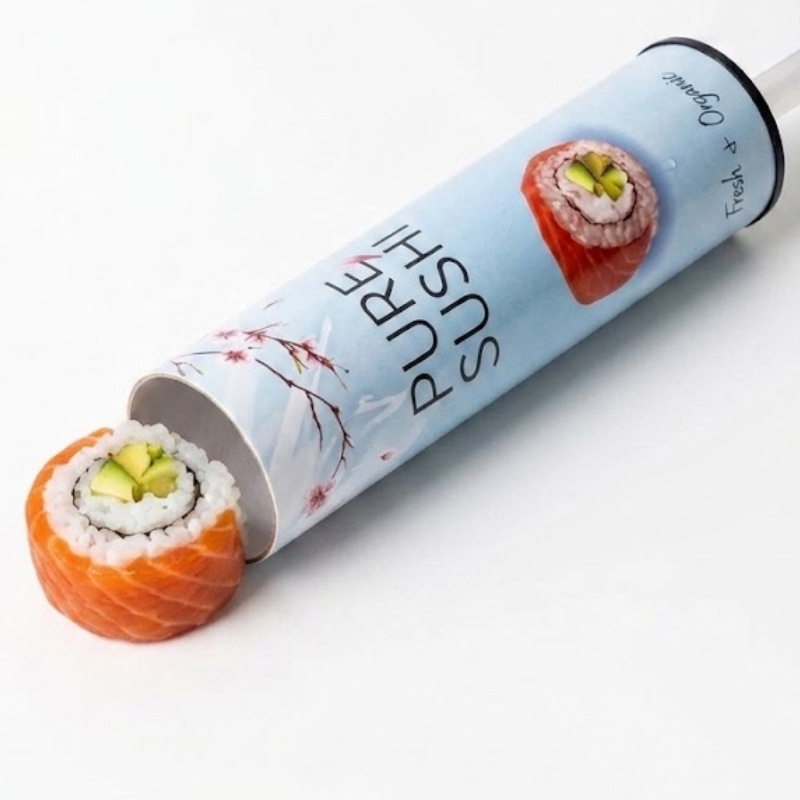Holidaypac custom sushi push-up paper tube with nested dual-size design and built-in sauce tube combo