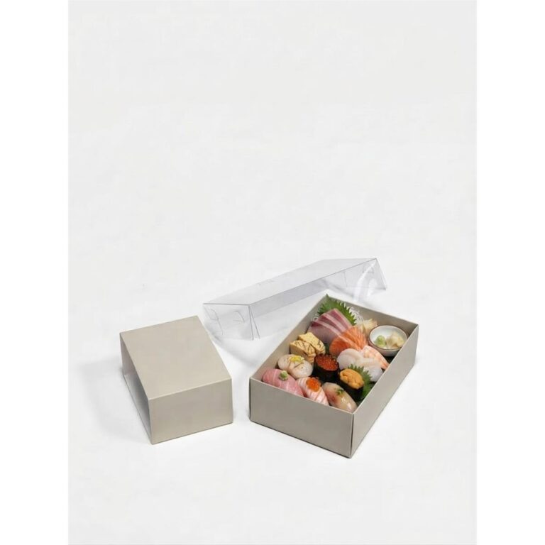 custom white sushi gift box with clear lid and printed paper sleeve Holidaypacfactory