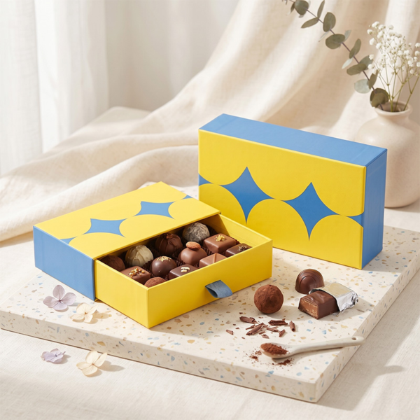 modern drawer style chocolate packaging box with fabric pull tab lifestyle display Holidaypacfactory