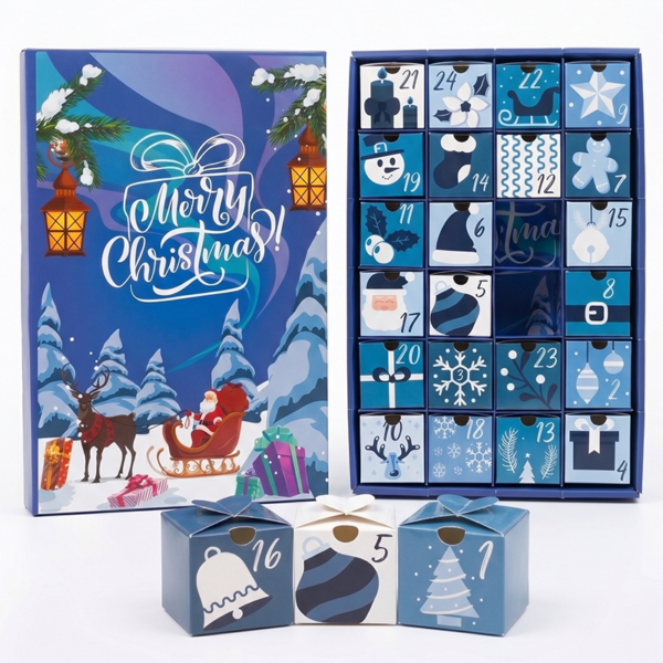 blue Christmas advent calendar box with small gift drawers Holidaypacfactory