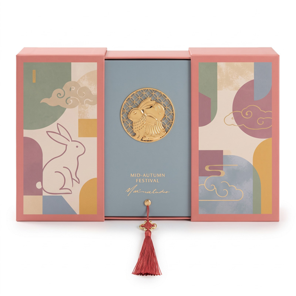 closed double door mooncake gift box with 3D hollow metal rabbit emblem Holidaypacfactory