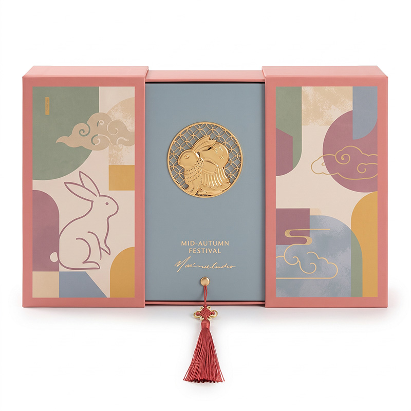 closed double door mooncake gift box with 3D hollow metal rabbit emblem Holidaypacfactory