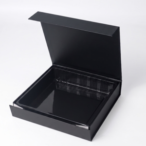 black hinged lid sushi box open compartment tray Holidaypacfactory