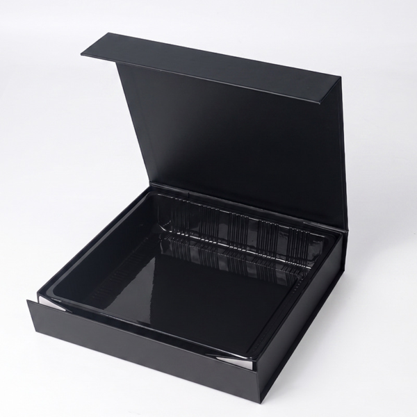 black hinged lid sushi box open compartment tray Holidaypacfactory