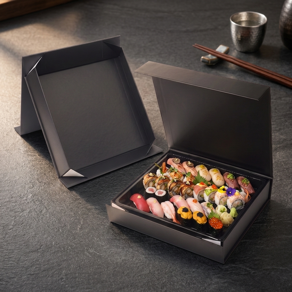 Custom Black Hinged Lid Sushi Box with Clear Tray and Compartments | Holidaypacfactory related product image Holidaypacfactory