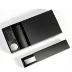 black sushi takeaway box open structure with sauce and divider areas Holidaypacfactory