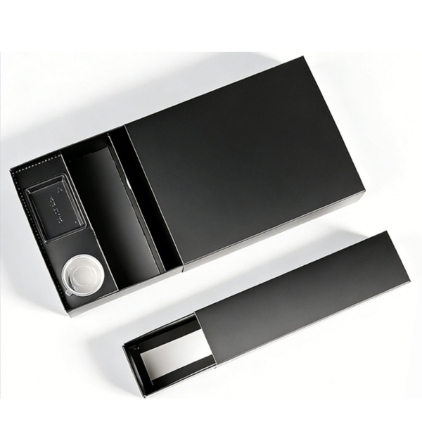 black sushi takeaway box open structure with sauce and divider areas Holidaypacfactory