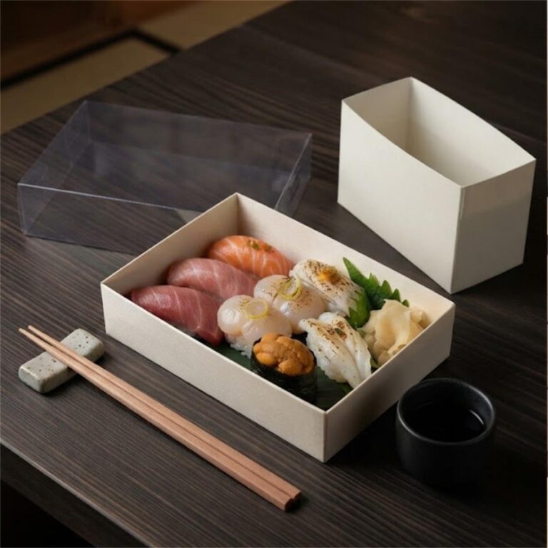 custom white sushi gift box with clear lid and printed paper sleeve Holidaypacfactory