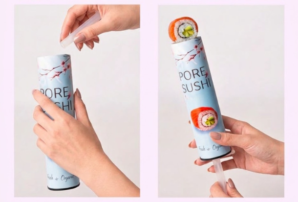 Step-by-step demonstration of loading and pushing up sushi in the Holidaypac tube