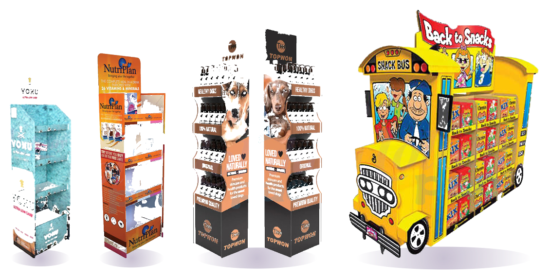 Holidaypacfactory real cardboard floor display product lineup: beverage floor stand, FSDU unit, pet products display, snack floor display
