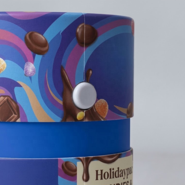 close-up round paper tube lid and printed candy packaging construction Holidaypacfactory