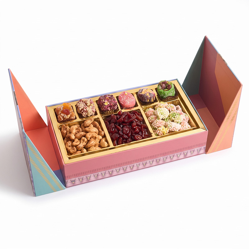angled open dried fruit and nuts gift box with gold tray insert Holidaypacfactory