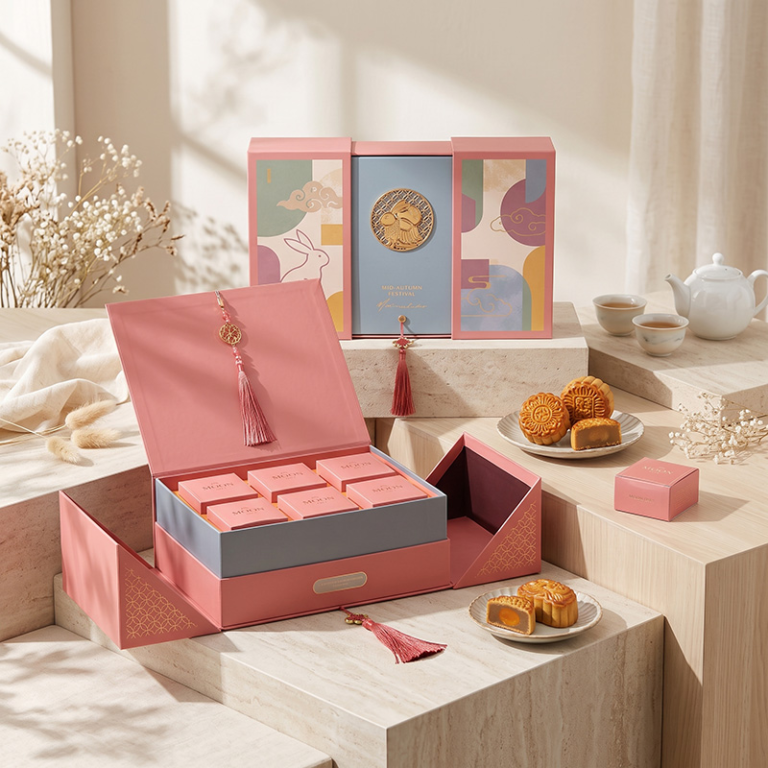 custom double door mooncake box with rabbit metal emblem Holidaypacfactory