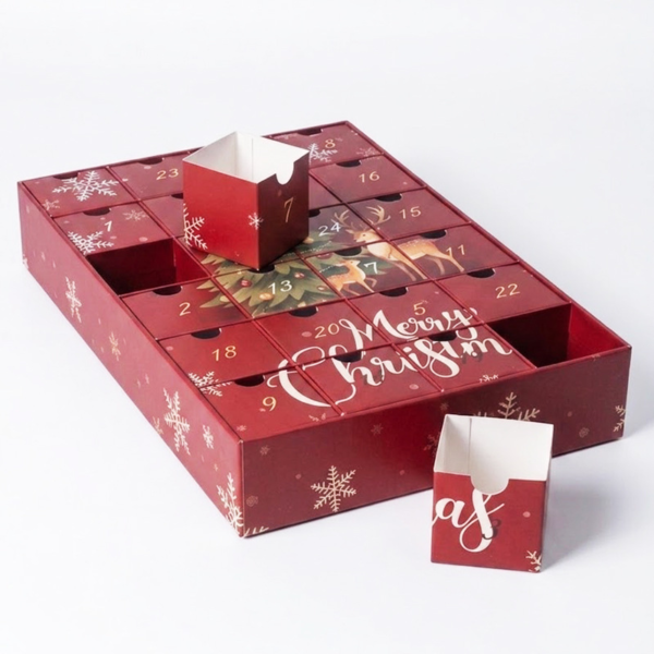 red Christmas countdown drawer box with numbered cubes Holidaypacfactory