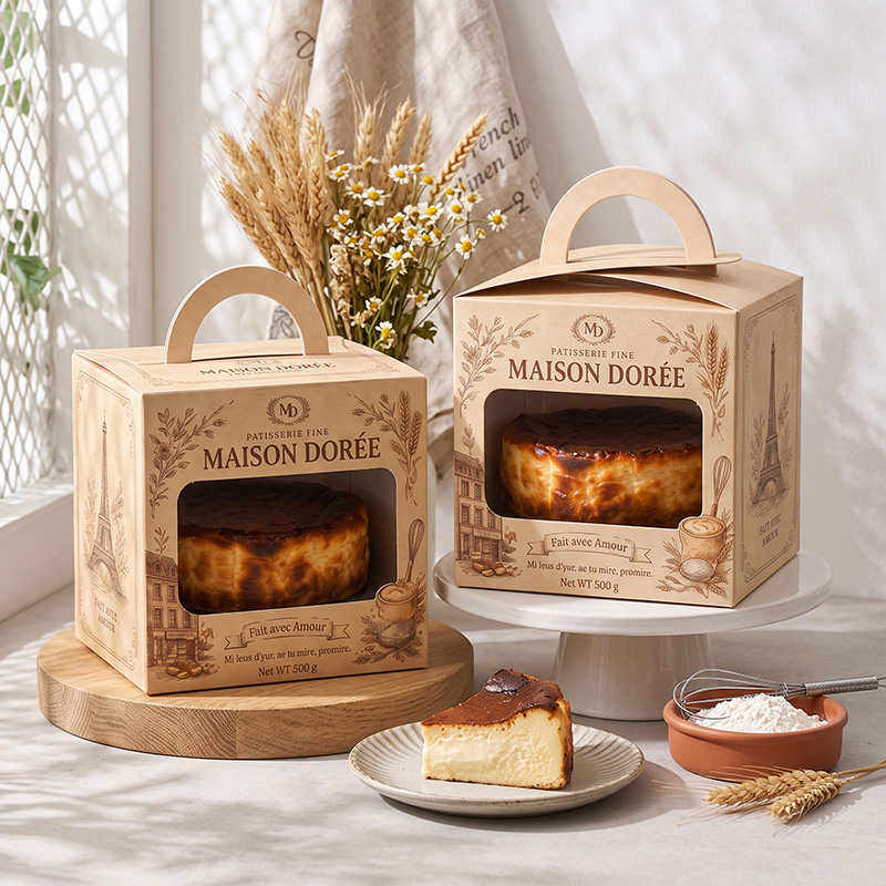 custom kraft paper cake boxes with built in die cut paper handle lifestyle display Holidaypacfactory