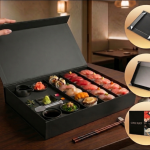 custom black folding sushi gift box with multi-compartment tray Holidaypacfactory