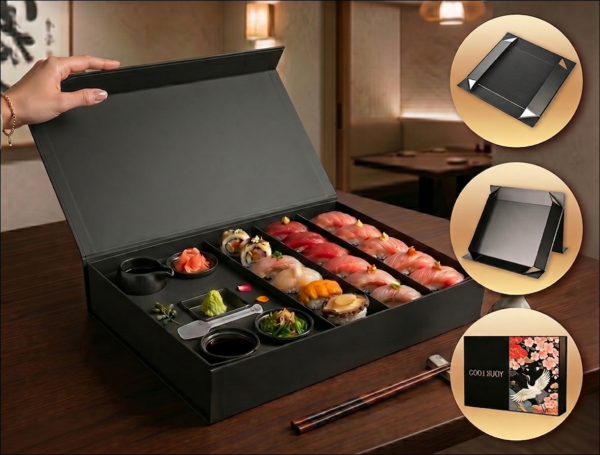 custom black folding sushi gift box with multi-compartment tray Holidaypacfactory