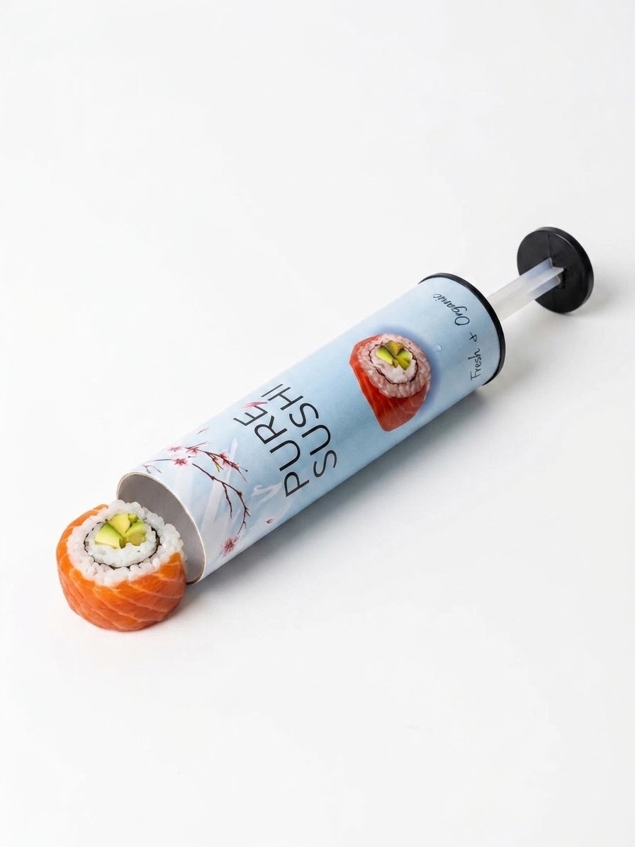 Close-up of a sushi roll being pushed out of a custom branded paper tube