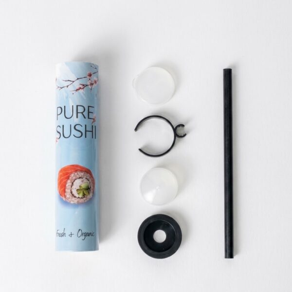 Sushi tube packaging components – paper tube, PP caps, sauce tube clip, and plunger rod