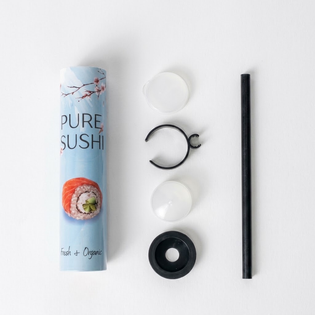 Sushi tube packaging components – paper tube, PP caps, sauce tube clip, and plunger rod